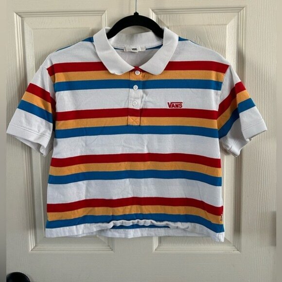 VANS Colorful Striped Cropped Polo Shirt Top Red Yellow Blue Sz Small - Picture 2 of 15